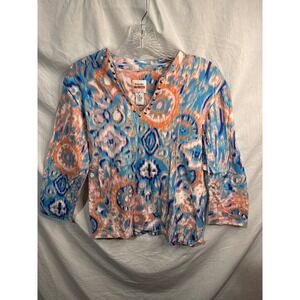 Ruby Rd Favorites Women's Size M V-Neck Studded Print Long Sleeve Shirt Top